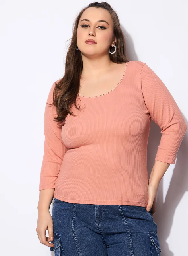 SASSAFRAS Plus Size Rib Round Neck Lace Detail Top