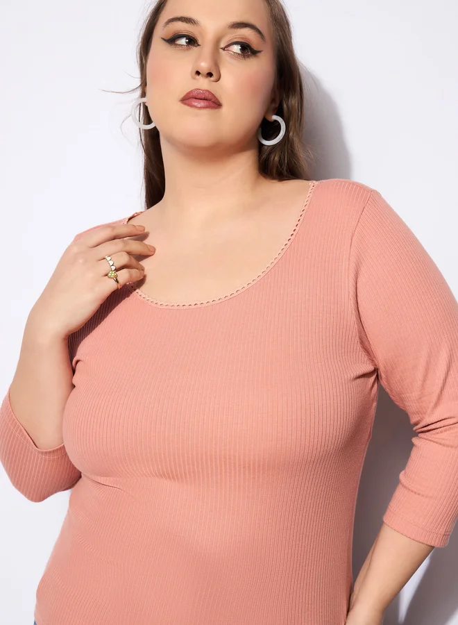 SASSAFRAS Plus Size Rib Round Neck Lace Detail Top