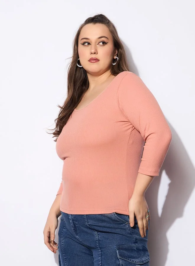SASSAFRAS Plus Size Rib Round Neck Lace Detail Top