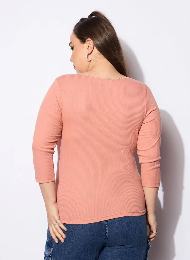 SASSAFRAS Plus Size Rib Round Neck Lace Detail Top