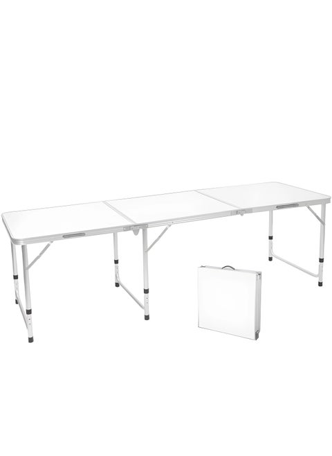 A foldable and adjustable picnic table made of rust-resistant aluminum suitable for indoor and outdoor use and camping