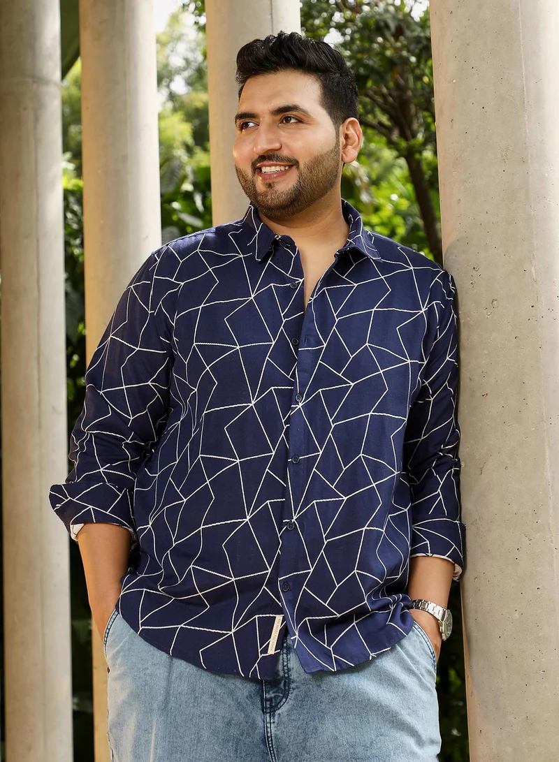 Instafab Plus Instafab Plus Men's Indigo Blue Mosaic-Jacquard Shirt | Spread Collar , Long Cuffed Sleeves , Button Closure , Curved Hemline | Geometric Jacquard Cotton-Blend Material For Street & Casual Wear