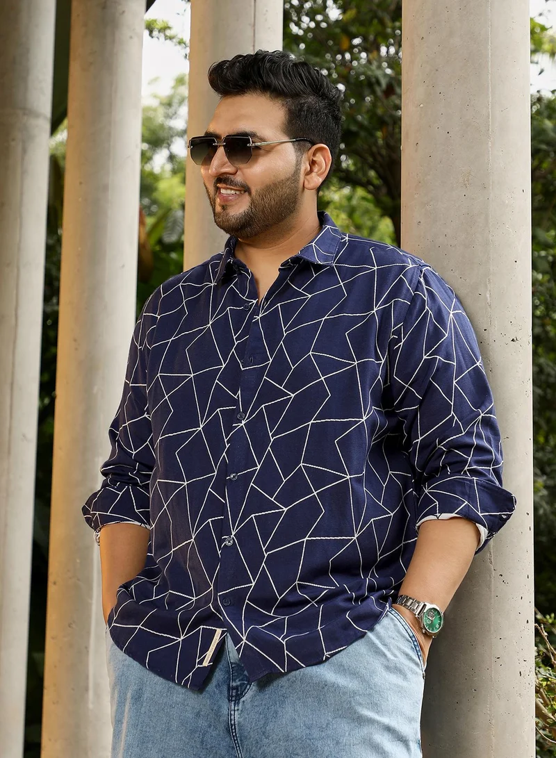 Instafab Plus Instafab Plus Men's Indigo Blue Mosaic-Jacquard Shirt | Spread Collar , Long Cuffed Sleeves , Button Closure , Curved Hemline | Geometric Jacquard Cotton-Blend Material For Street & Casual Wear