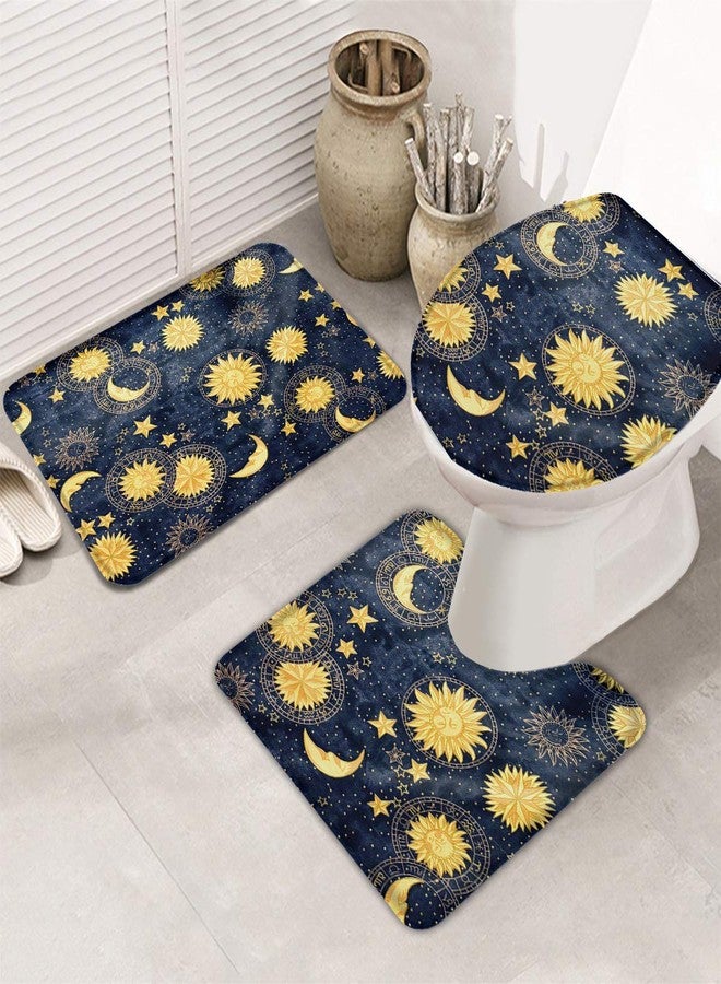 Vandarllin Golden Sun Moon and Stars 3 Piece Plush Bathroom Rugs Set-Non Slip Water Absorbent Shower Bath Mats U-Shape Contoured Toilet Mat Lid Cover 18''x30''+14''x18''+15''x18'' - Image 2