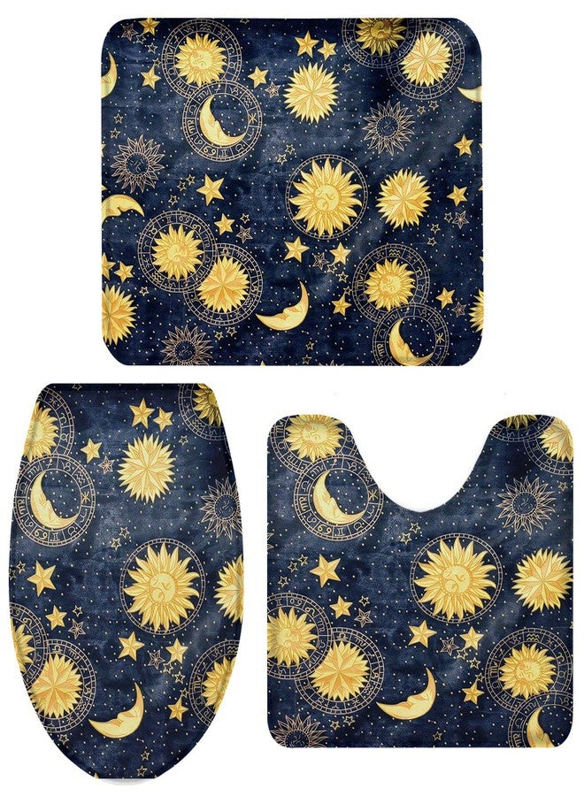 Vandarllin Golden Sun Moon and Stars 3 Piece Plush Bathroom Rugs Set-Non Slip Water Absorbent Shower Bath Mats U-Shape Contoured Toilet Mat Lid Cover 18''x30''+14''x18''+15''x18'' - Image 1