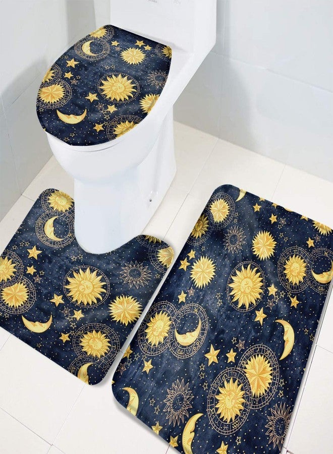 Vandarllin Golden Sun Moon and Stars 3 Piece Plush Bathroom Rugs Set-Non Slip Water Absorbent Shower Bath Mats U-Shape Contoured Toilet Mat Lid Cover 18''x30''+14''x18''+15''x18'' - Image 3