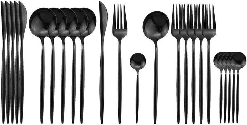 JASHII Black Flatware Serving Set 24 Piece Stainless Steel Silverware Set Titanium Black Cutlery Modern Elegant Tableware for Party Christmas Dinner - Image 1