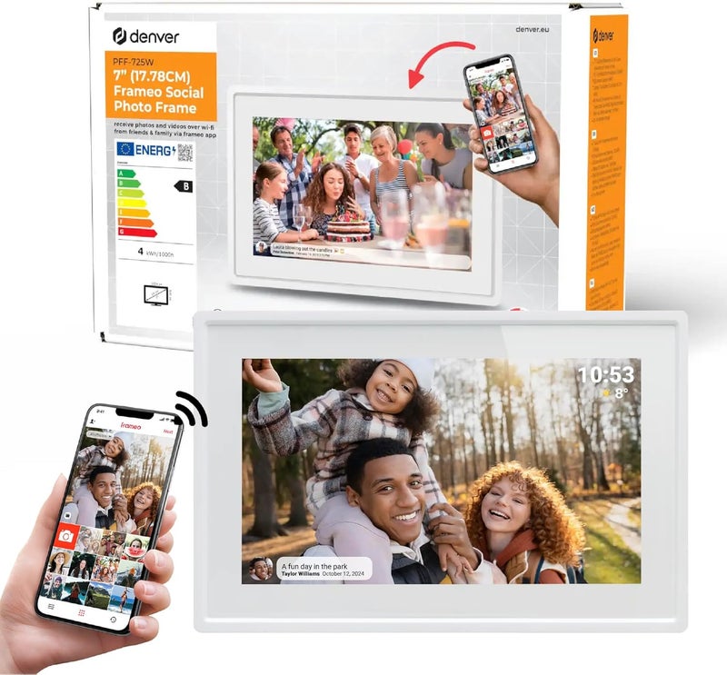 Denver PFF-725W Digital Wi-Fi Picture Frame - 7 Inch IPS Touch Screen, 8GB Memory, MicroSD Slot, Frameo App, Timer Function, Includes Table Stand, White - Image 1