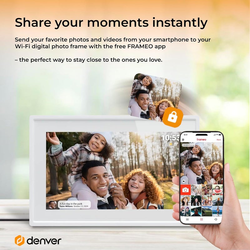 Denver PFF-725W Digital Wi-Fi Picture Frame - 7 Inch IPS Touch Screen, 8GB Memory, MicroSD Slot, Frameo App, Timer Function, Includes Table Stand, White - Image 2