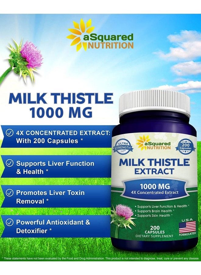 aSquared Nutrition - Milk Thistle Supplement 1000Mg 200 Capsules Max Strength 4X Concentrated Extract 4:1 Milk Thistle Seed Powder Herb Pills 1000 Mg Silymarin Extract For Liver Support Cleanse Detox & Pure Health - Image 1