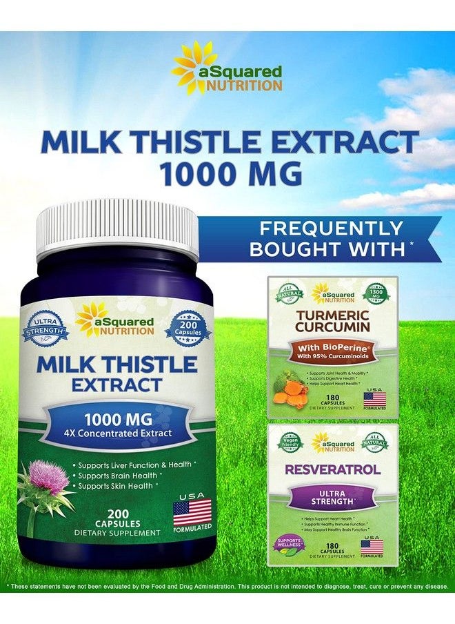 aSquared Nutrition - Milk Thistle Supplement 1000Mg 200 Capsules Max Strength 4X Concentrated Extract 4:1 Milk Thistle Seed Powder Herb Pills 1000 Mg Silymarin Extract For Liver Support Cleanse Detox & Pure Health - Image 1