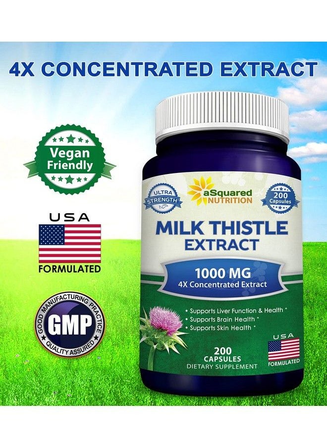 aSquared Nutrition - Milk Thistle Supplement 1000Mg 200 Capsules Max Strength 4X Concentrated Extract 4:1 Milk Thistle Seed Powder Herb Pills 1000 Mg Silymarin Extract For Liver Support Cleanse Detox & Pure Health - Image 1