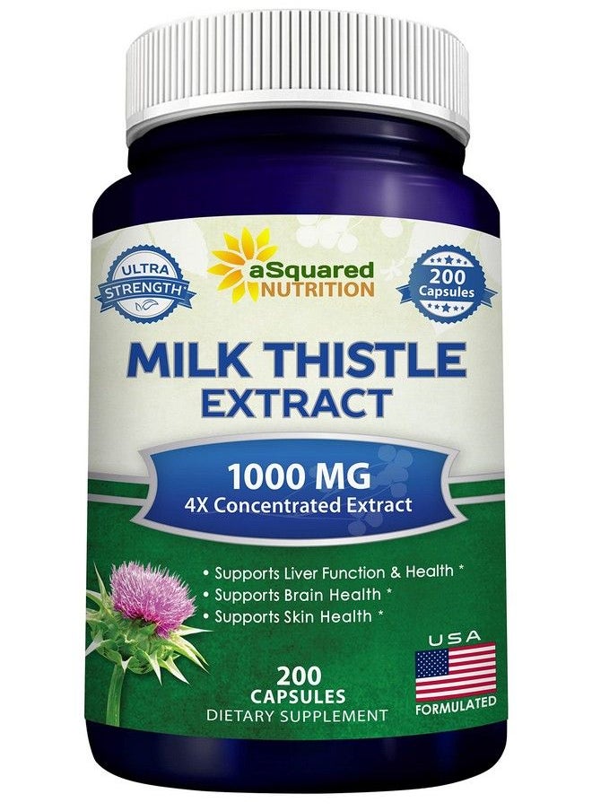 aSquared Nutrition - Milk Thistle Supplement 1000Mg 200 Capsules Max Strength 4X Concentrated Extract 4:1 Milk Thistle Seed Powder Herb Pills 1000 Mg Silymarin Extract For Liver Support Cleanse Detox & Pure Health - Image 1