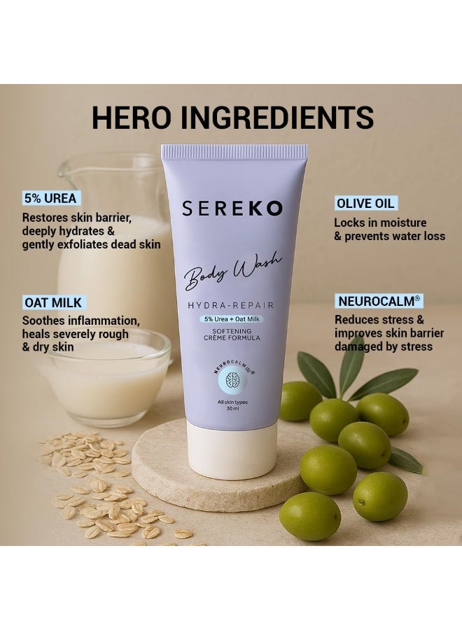 SEREKO Body Wash Hydra Repir  5% Urea & Oat Milk | Body Wash 30ML | For Strawberry skin, De-tan, Body-acne| Body Wash for Men & Women | AHA BHA free, paraben free, SLS free | Gentle Exfoliating | Very dry & flaky skin - Image 3