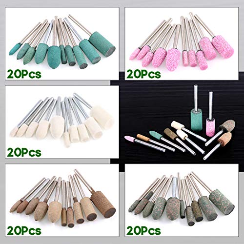 Keadic مجموعة كيديك من 100 قطعة من رؤوس حجر الطحن الدوارة، عجلة تلميع مصنوعة من الصوف لأداة دريمل، رؤوس حجر الطحن المثبتة على عمود، مجموعة رؤوس شحذ الحجر المثبتة على عمود للتلميع - Image 5