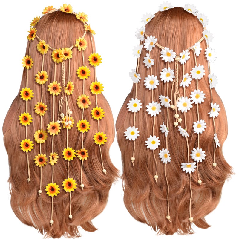 Sucrain 2pcs Flower Hippie Headband Floral Crown Summer Sunflower Hair Accessories for 70 s Bohemian Costumes Style for Women - Image 1