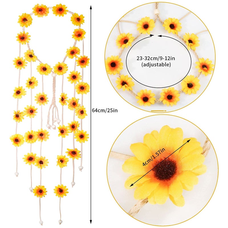 Sucrain 2pcs Flower Hippie Headband Floral Crown Summer Sunflower Hair Accessories for 70 s Bohemian Costumes Style for Women - Image 2