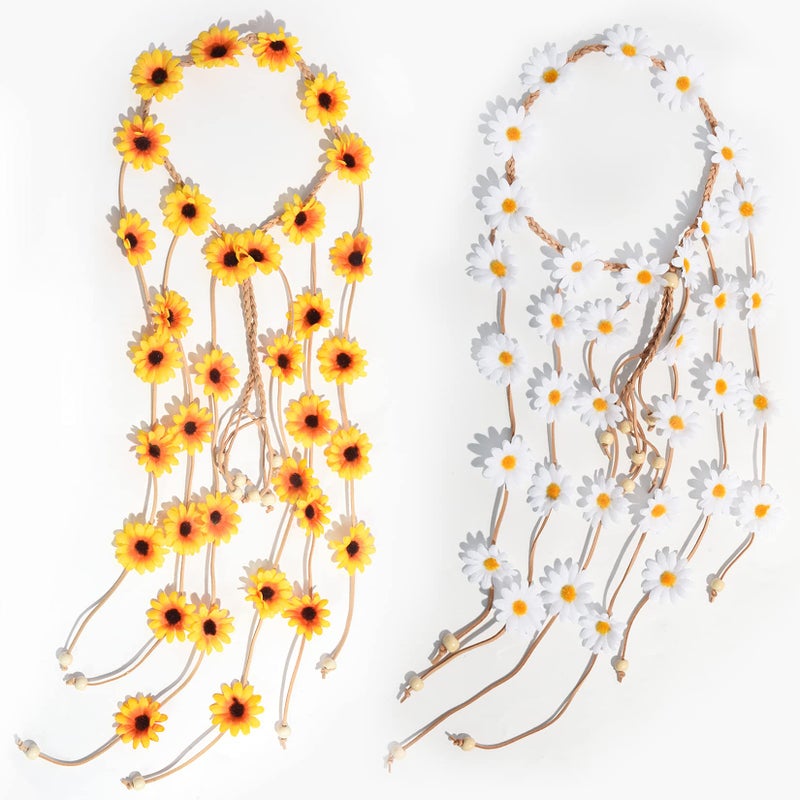 Sucrain 2pcs Flower Hippie Headband Floral Crown Summer Sunflower Hair Accessories for 70 s Bohemian Costumes Style for Women - Image 4