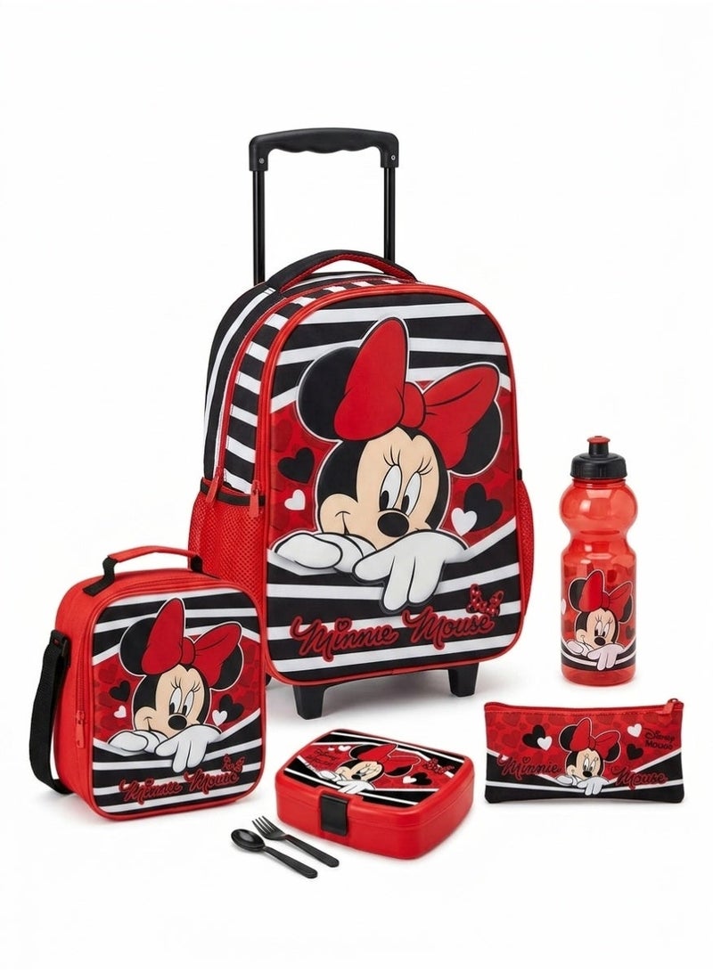 Minnie Mouse Stylish Minnie Mouse school set for girls – 5-piece back-to-school collection with wheels including a rolling bag, lunch bag, pencil case, water bottle, and lunch box – trendy red and black design with practical storage spaces for everyday use - Image 1