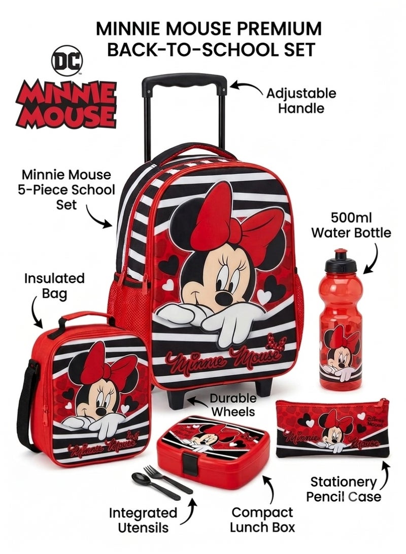 Minnie Mouse Stylish Minnie Mouse school set for girls – 5-piece back-to-school collection with wheels including a rolling bag, lunch bag, pencil case, water bottle, and lunch box – trendy red and black design with practical storage spaces for everyday use - Image 3