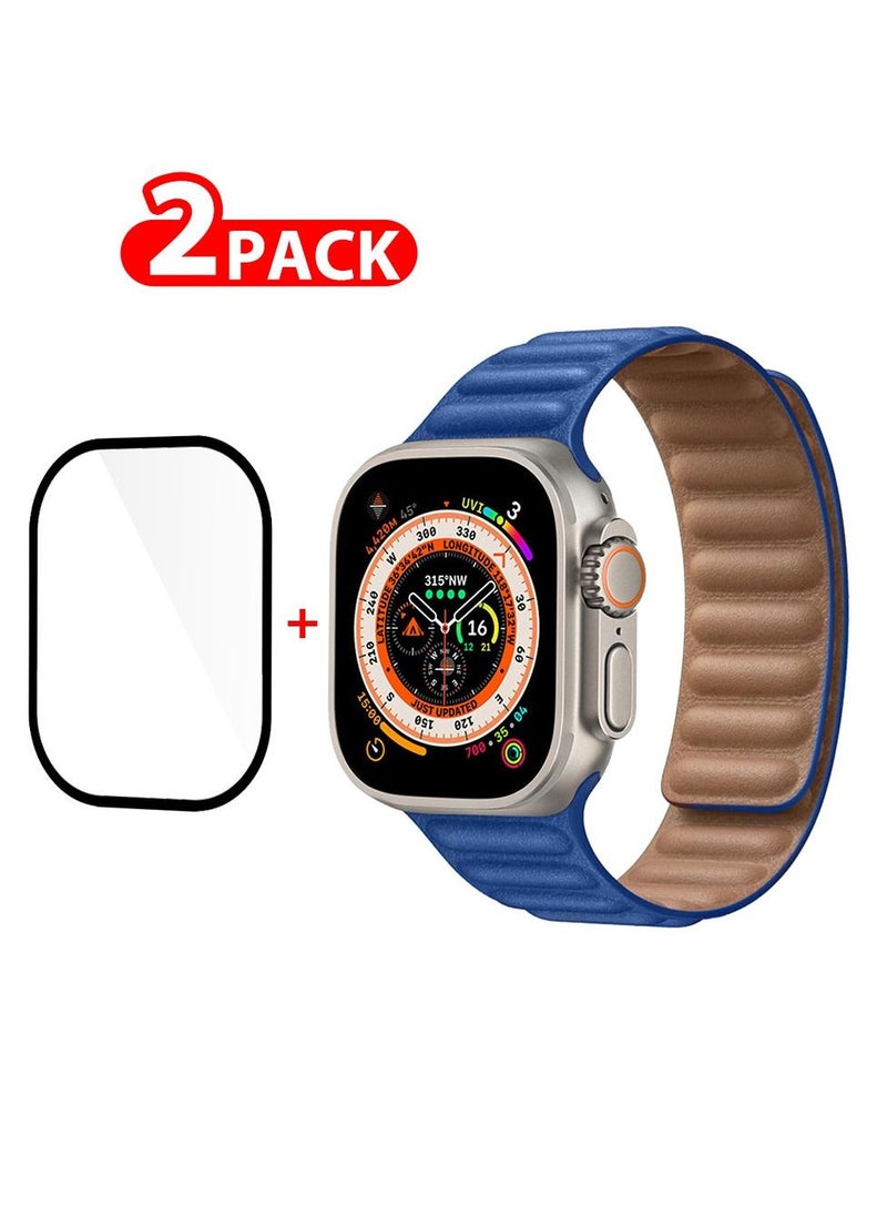 CATANES 2 Packs For Apple Watch Band 49mm Leather Link Strap Magnetic Loop Bracelet and 3D Screen Protector Blue  - Image 1