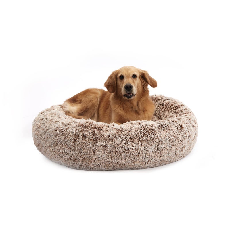 Bedfolks Calming Donut Dog Bed, 36 Inches Round Fluffy for Large Dogs, Anti-Anxiety Plush, Machine Washable (Brown, Large) - Image 1