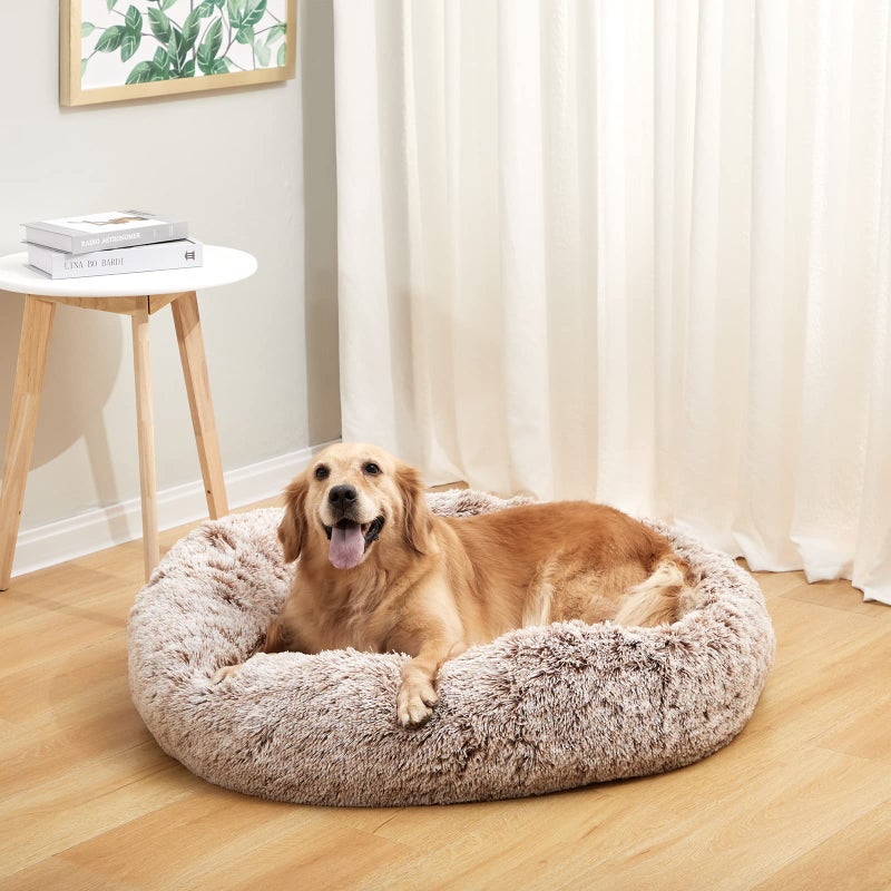 Bedfolks Calming Donut Dog Bed, 36 Inches Round Fluffy for Large Dogs, Anti-Anxiety Plush, Machine Washable (Brown, Large) - Image 2