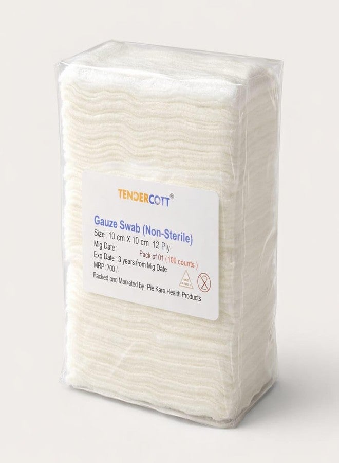 TENDERCOTT ضمادات شاش قطنية غير معقمة من تيندركوت لتضميد الجروح، 10 × 10 سم، 12 طبقة | ضمادات شاش طبية عالية الامتصاص | للاستخدام في المستشفيات والعيادات والإسعافات الأولية، عبوة من 100 ضمادة - Image 1