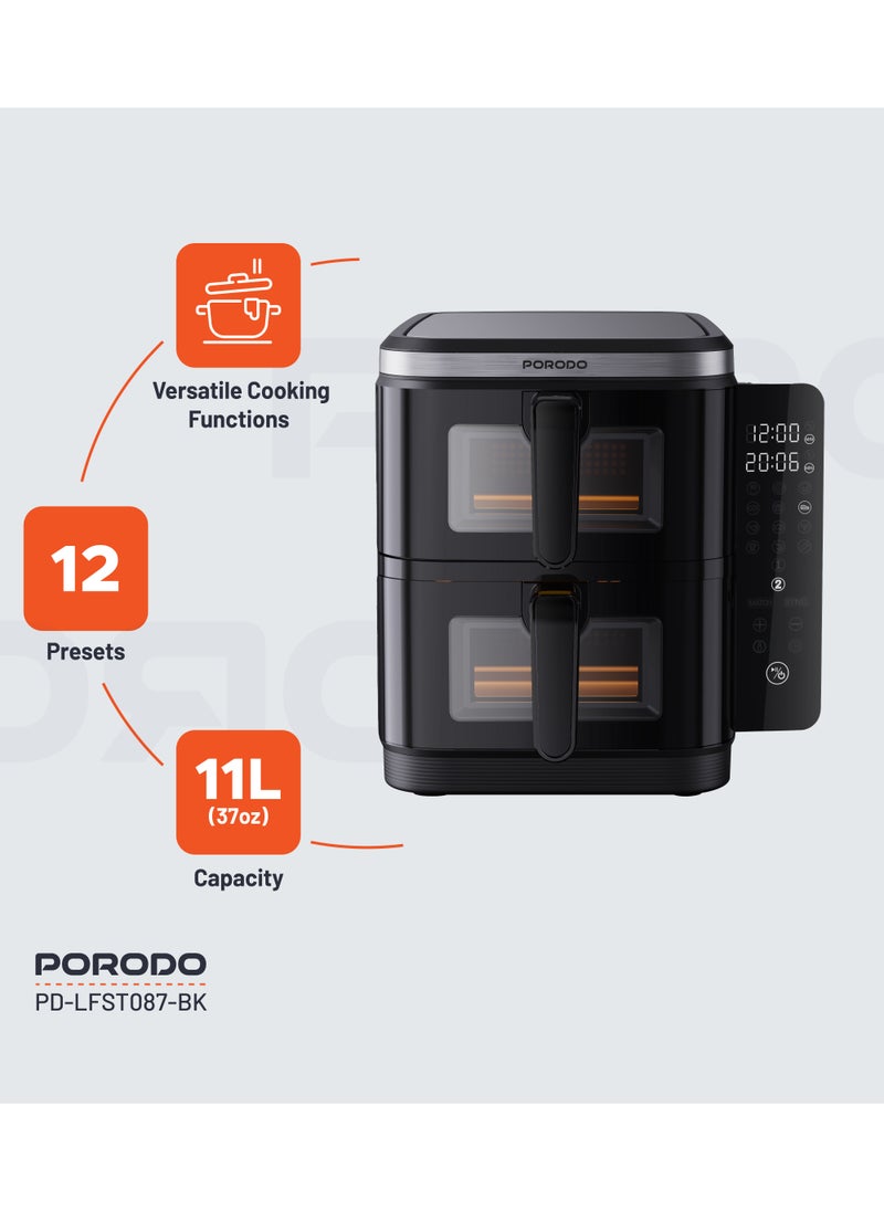 porodo - 11L Air Fryer Double Stack 5.5L+5.5L Capacity 2800W with Info Display & Touch Panel / 12 Presets / Versatile Cooking Functions / High-Efficiency Cooking / Healthier meals - Black - Image 1