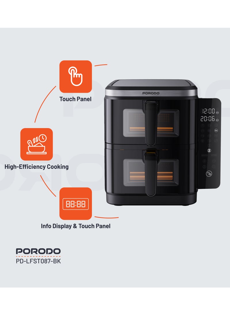 porodo - 11L Air Fryer Double Stack 5.5L+5.5L Capacity 2800W with Info Display & Touch Panel / 12 Presets / Versatile Cooking Functions / High-Efficiency Cooking / Healthier meals - Black - Image 1
