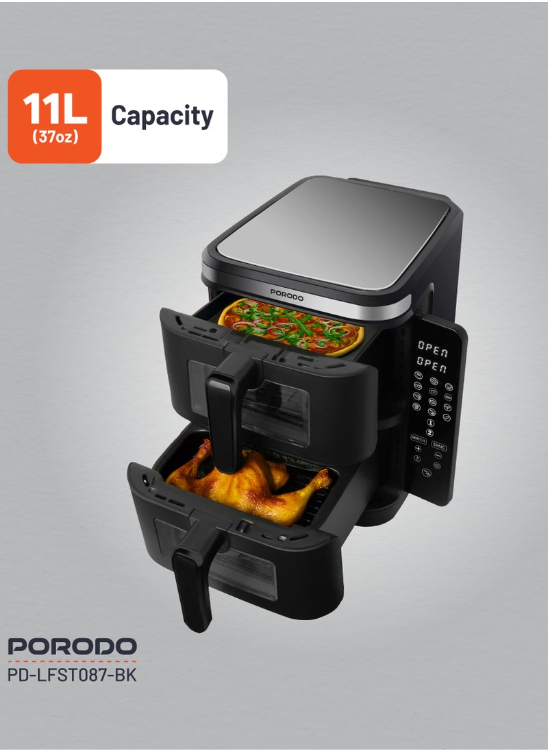 porodo - 11L Air Fryer Double Stack 5.5L+5.5L Capacity 2800W with Info Display & Touch Panel / 12 Presets / Versatile Cooking Functions / High-Efficiency Cooking / Healthier meals - Black - Image 1