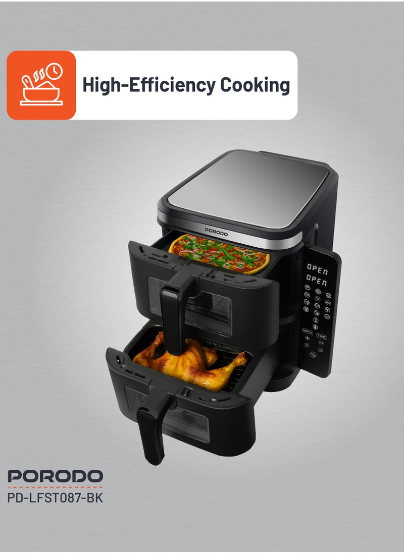 porodo - 11L Air Fryer Double Stack 5.5L+5.5L Capacity 2800W with Info Display & Touch Panel / 12 Presets / Versatile Cooking Functions / High-Efficiency Cooking / Healthier meals - Black - Image 1