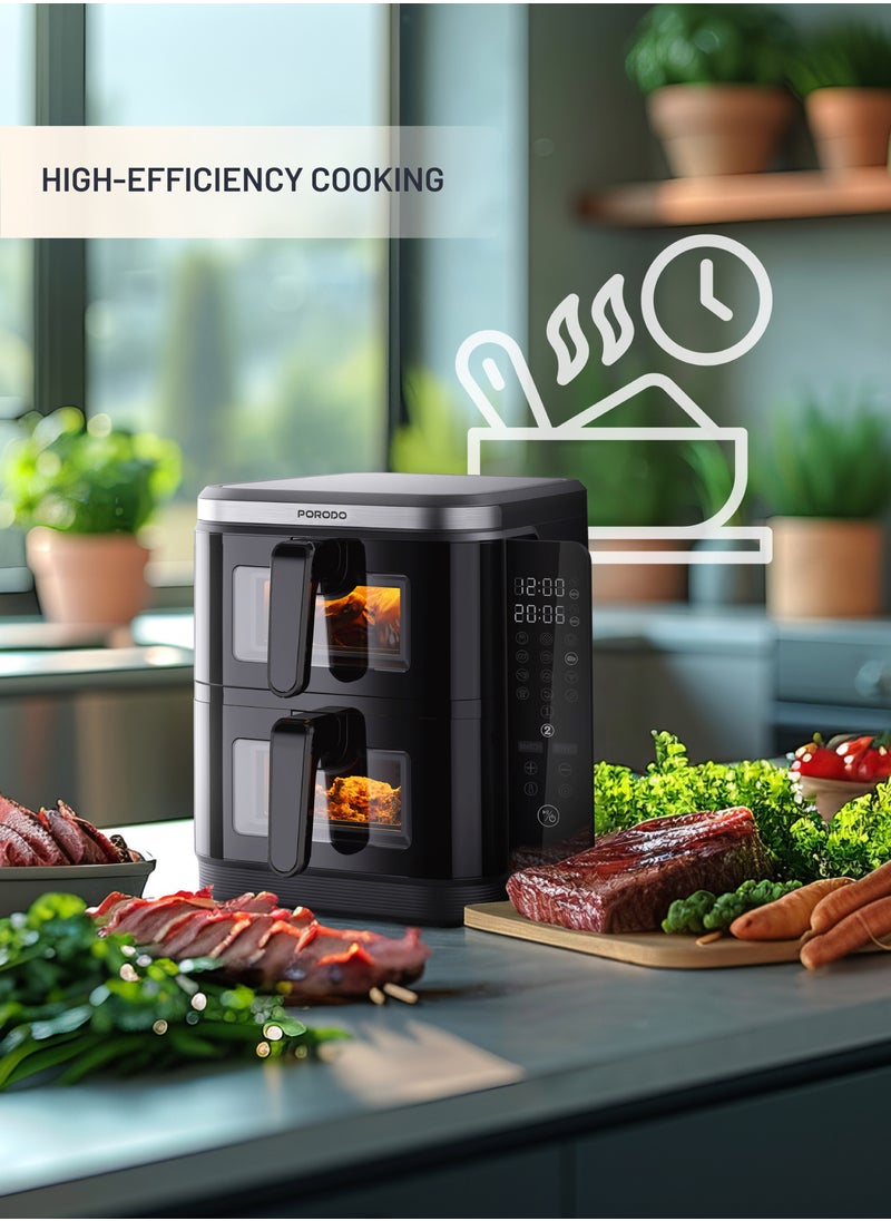 porodo - 11L Air Fryer Double Stack 5.5L+5.5L Capacity 2800W with Info Display & Touch Panel / 12 Presets / Versatile Cooking Functions / High-Efficiency Cooking / Healthier meals - Black - Image 1