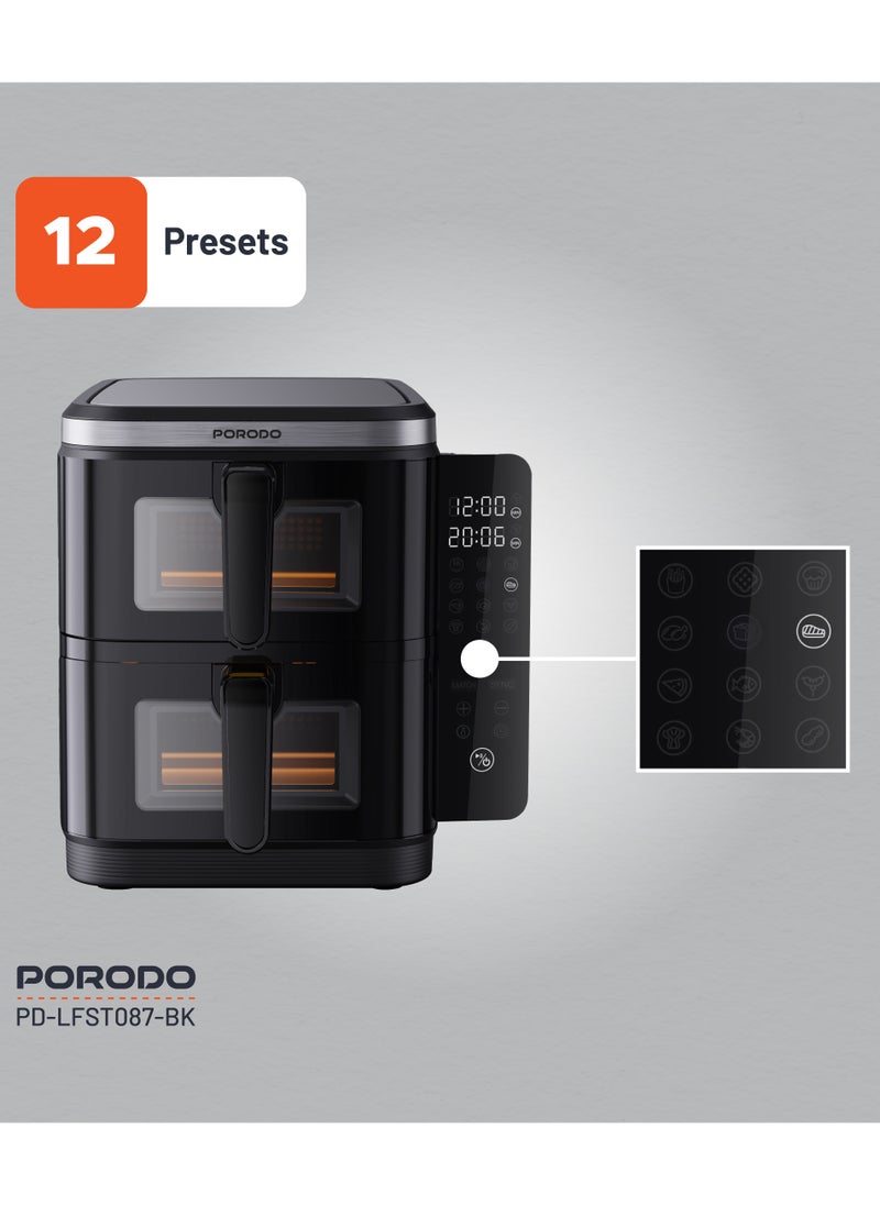 porodo - 11L Air Fryer Double Stack 5.5L+5.5L Capacity 2800W with Info Display & Touch Panel / 12 Presets / Versatile Cooking Functions / High-Efficiency Cooking / Healthier meals - Black - Image 1
