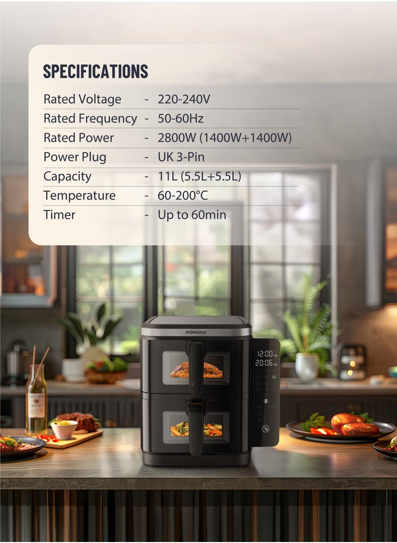 porodo - 11L Air Fryer Double Stack 5.5L+5.5L Capacity 2800W with Info Display & Touch Panel / 12 Presets / Versatile Cooking Functions / High-Efficiency Cooking / Healthier meals - Black - Image 1