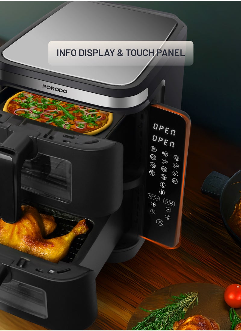 porodo - 11L Air Fryer Double Stack 5.5L+5.5L Capacity 2800W with Info Display & Touch Panel / 12 Presets / Versatile Cooking Functions / High-Efficiency Cooking / Healthier meals - Black - Image 1