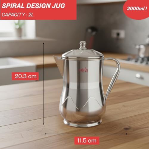 Natulix Stainless Steel Jug - 2 LTR, Durable & Elegant Beverage Jug for Serving Water, Juices, Lemonade and Other Drinks, Ideal for Daily Use, Parties & Special Occasions, Silver (Tulip Spiral) - Image 3