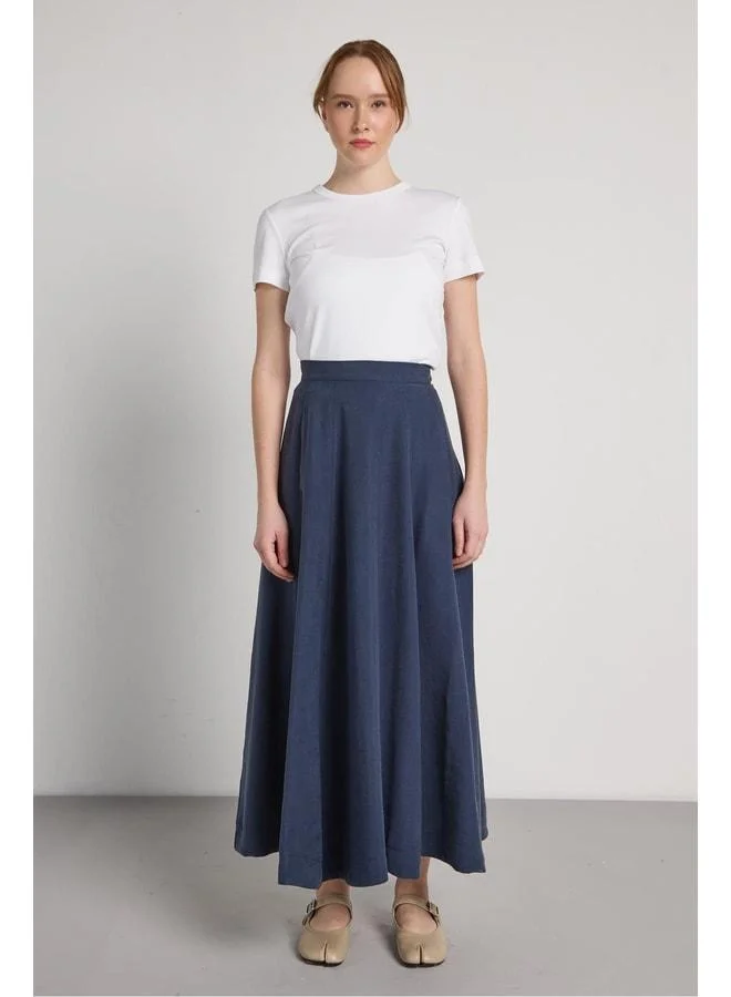 mina aise High-Waisted Panel Premium Tencel Fabric Navy Long Skirt 31026.