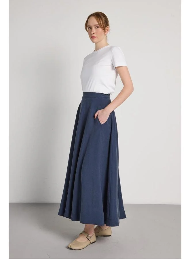 mina aise High-Waisted Panel Premium Tencel Fabric Navy Long Skirt 31026.