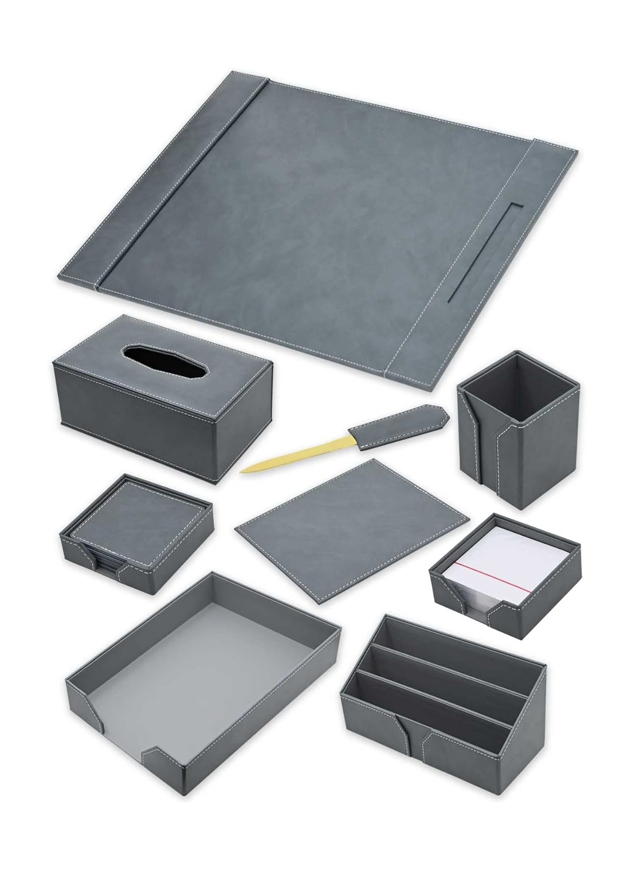 FIS Executive Desk sets Bonded Leather Grey Set of 9 Pieces FSDSEXB221GY 