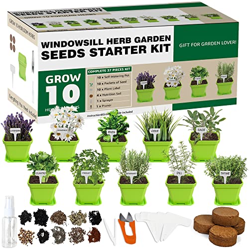 Meekear 10 Herb Seeds Garden Starter Grow Kit with Green Pots, Markers, Nutritional Soil, Watering, Herb Clipper, Complete Indoor Potted Plant Growing Set for Kitchen DIY - Image 1