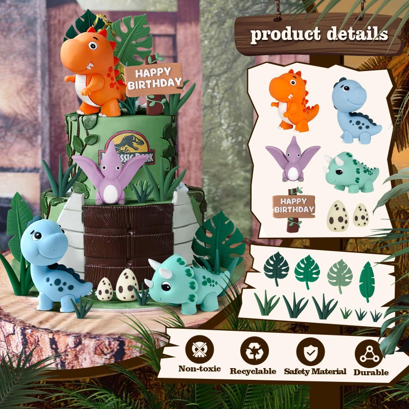 Zafena 17PCS Dinosaur Cake Topper, Dinosaur Eggs Leaves Grasses Cake Decorations with Happy Birthday Sign Cake Toppers for Birthday Party Decorations, Safari Animal Themed Party - Image 3