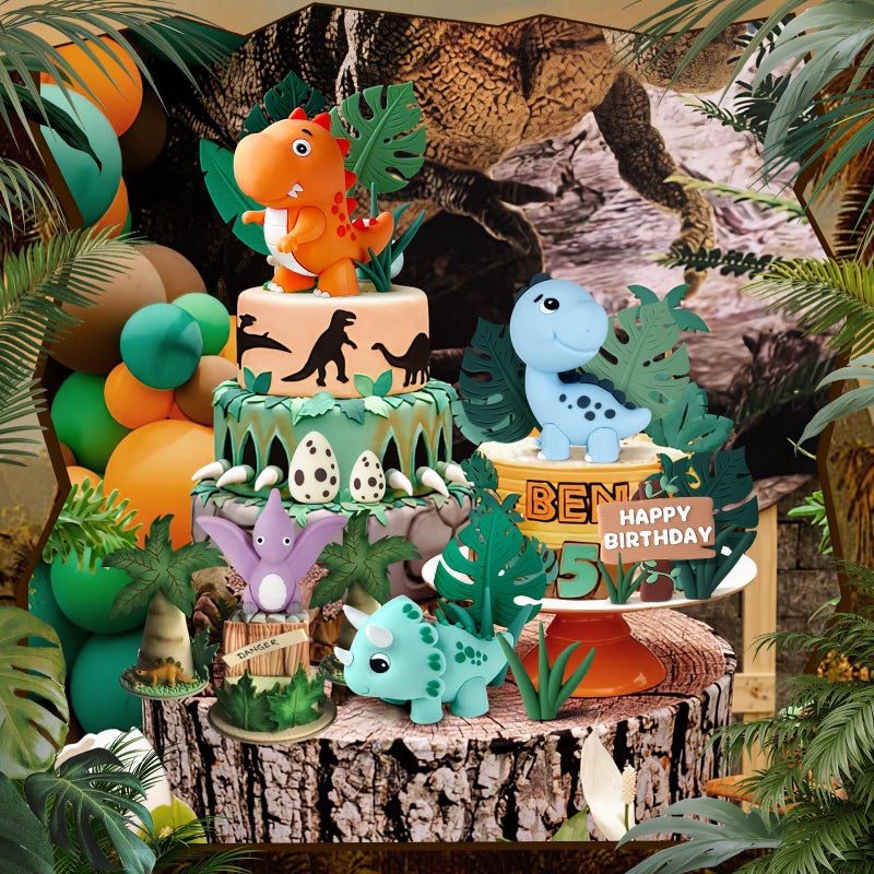 Zafena 17PCS Dinosaur Cake Topper, Dinosaur Eggs Leaves Grasses Cake Decorations with Happy Birthday Sign Cake Toppers for Birthday Party Decorations, Safari Animal Themed Party - Image 5