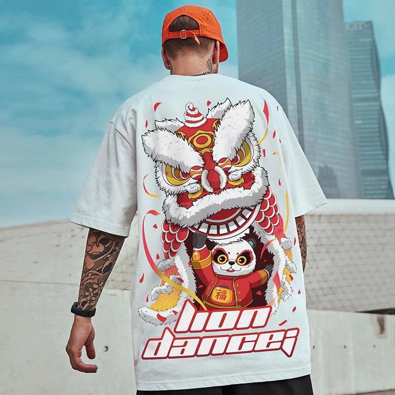 Lion Dance Short-sleeved Men's Lion Dance T-shirt Trendy Brand Men's Large Size Chinese Style Panda National Trendy Half-sleeved Trendy Couple Summer - Image 3