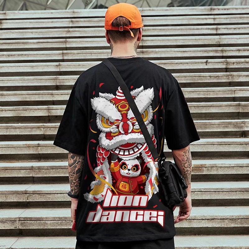 Lion Dance Short-sleeved Men's Lion Dance T-shirt Trendy Brand Men's Large Size Chinese Style Panda National Trendy Half-sleeved Trendy Couple Summer - Image 2