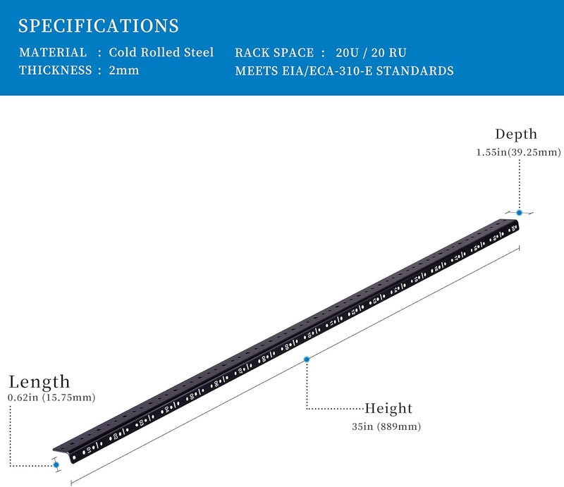 RackPath 20U Vertical Server Rack Rail Pair Kit, DIY Rack Build, 12-24 Screws x80 - Image 1