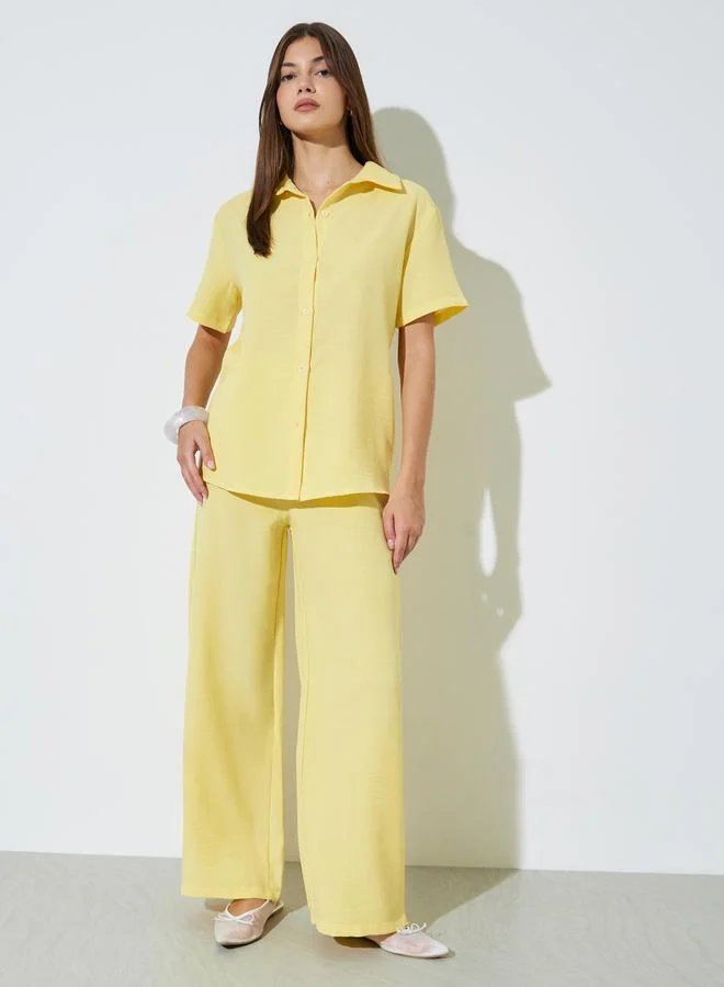 Styli Yellow Linen-Look Shirt and Wide Leg Pants Co-Ord Set