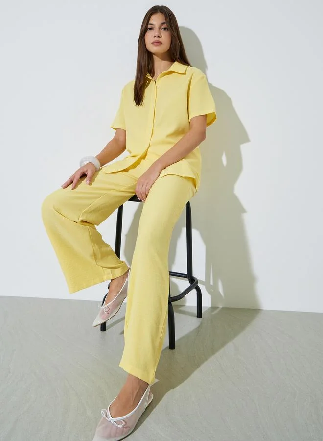 Styli Yellow Linen-Look Shirt and Wide Leg Pants Co-Ord Set