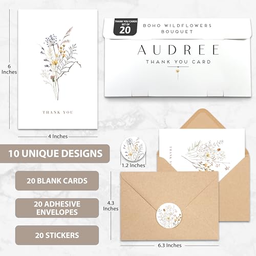 AUDREE Wildflower Thank You Cards with Envelopes (20 pack 4"x6") - Floral Thank You Cards with Adhesive Envelope & Matching Stickers - Gifts for Birthday, Wedding, Bridal Showers, Baby Showers - Image 2