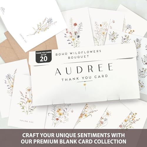 AUDREE Wildflower Thank You Cards with Envelopes (20 pack 4"x6") - Floral Thank You Cards with Adhesive Envelope & Matching Stickers - Gifts for Birthday, Wedding, Bridal Showers, Baby Showers - Image 3
